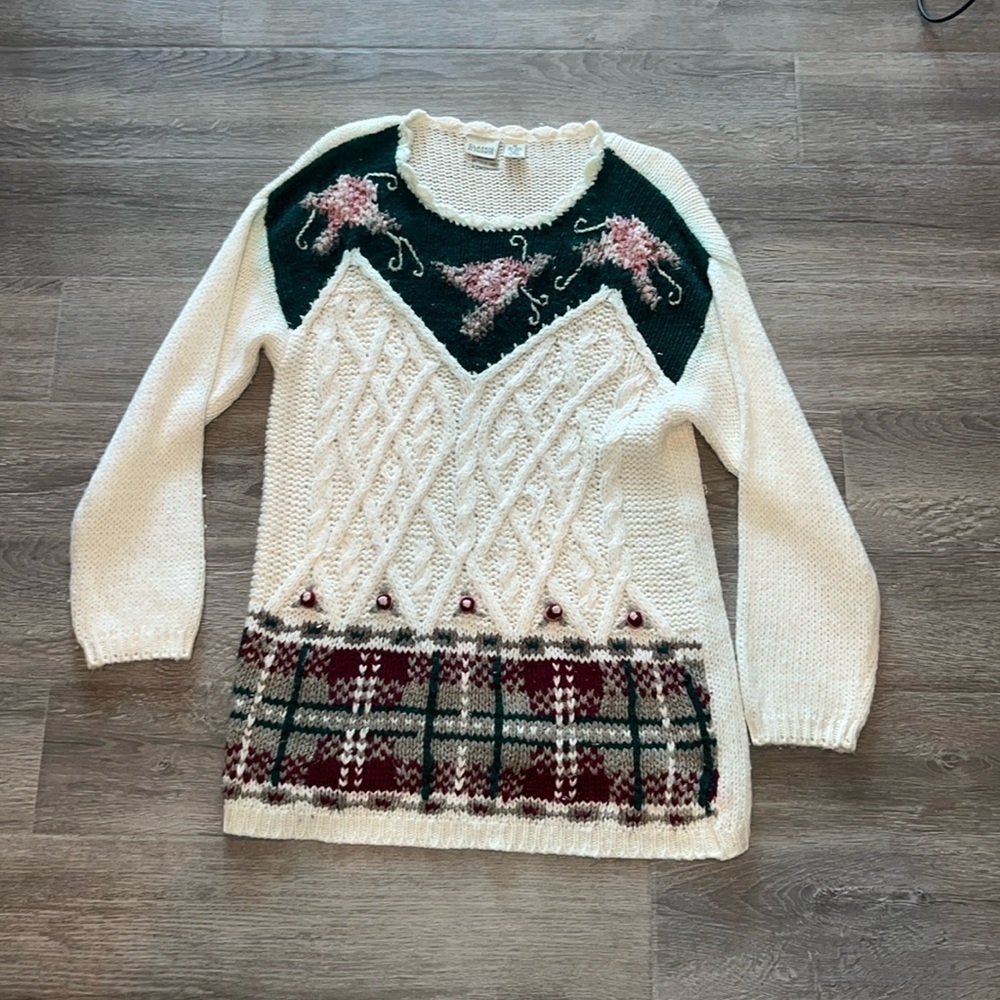 Vintage granny grandma sweater longer length floral/plaid FLAW hand knit size M